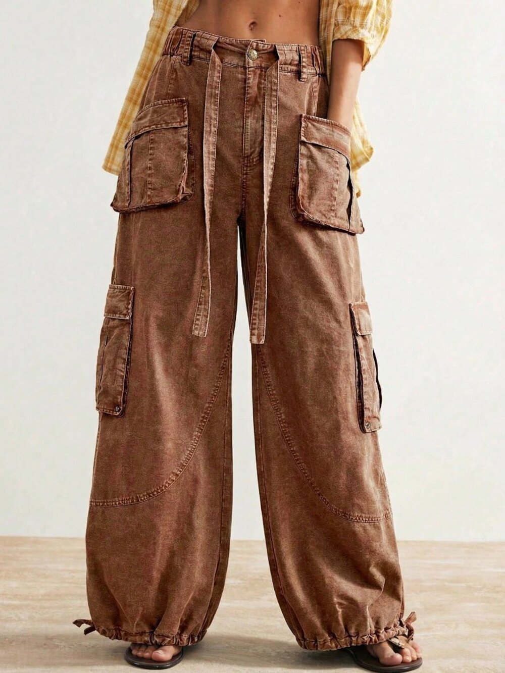 Brown Casual Women's Woven Loose Drawstring Waist Low-Rise Wide Leg Pants - Picture 7 of 10